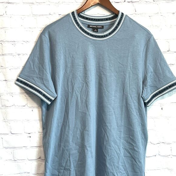New! Michael Kors Men M Blue Short Sleeve T Shirt Logo Trim & Embroidered Logo - Picture 1 of 9